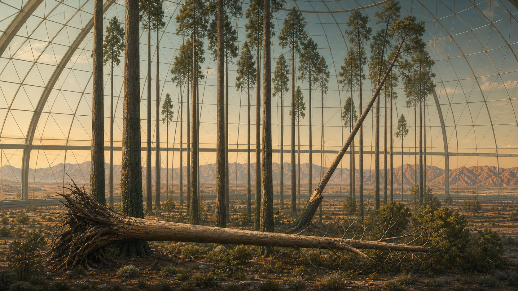 Tall trees growing in still air inside a desert biosphere, with one uprooted and another beginning to fall.