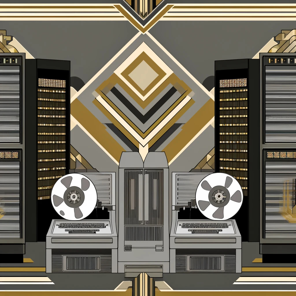 Two Art Deco-style illustrations inspired by vintage mainframes, blending the old-school technology of systems like ENIAC or IBM with geometric patterns and metallic accents.