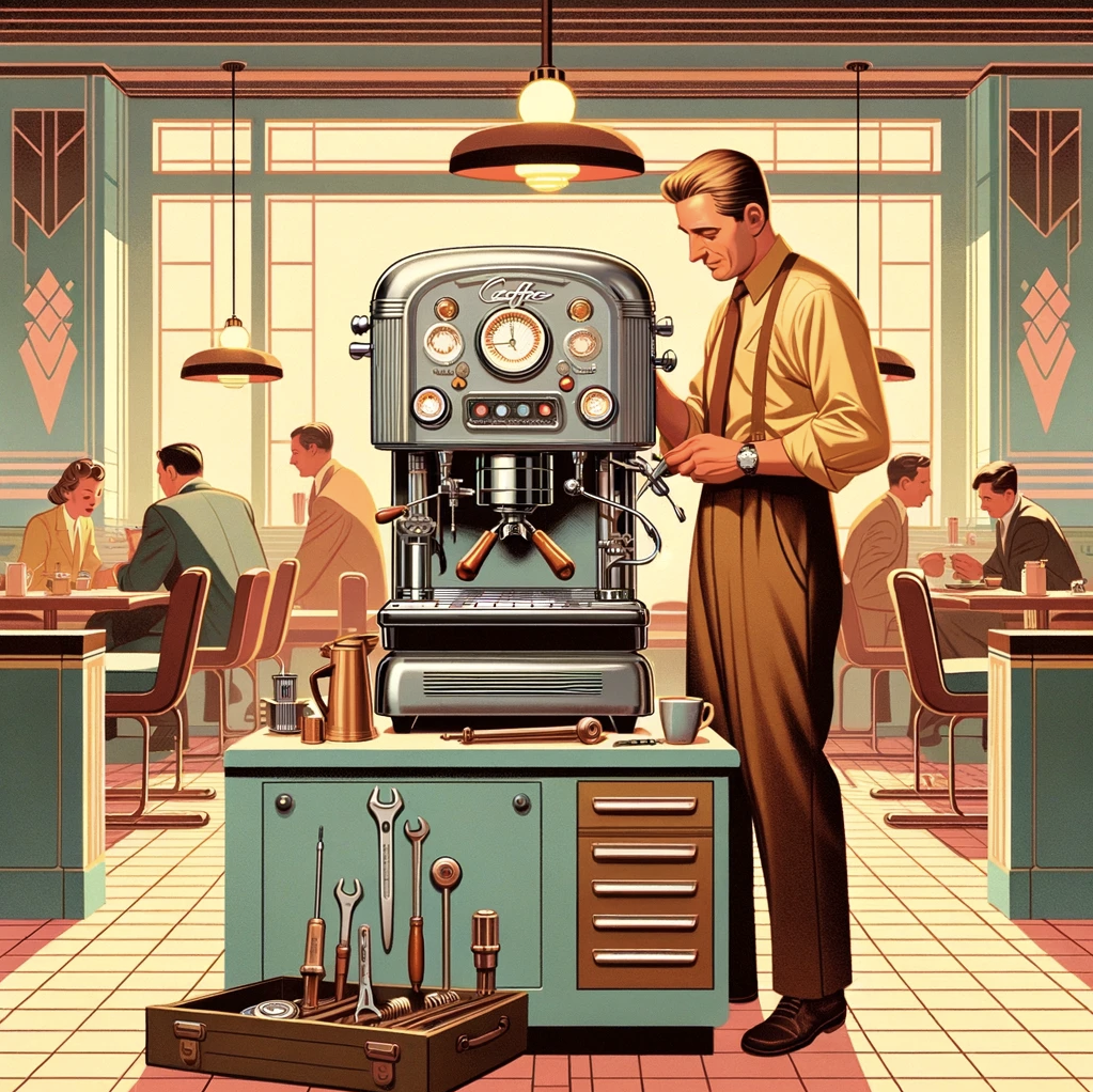 Illustrate a coffee machine repair man in the 1960s, reflecting the Art Deco style. The scene is set in a vintage coffee shop with pastel-colored walls and geometric patterns typical of the era. The repair man, a middle-aged Caucasian male dressed in a tan work shirt and brown slacks, is attentively fixing a large, chrome, classic espresso machine with dials and gauges. Around him are various tools of his trade, like a wrench and screwdriver, alluding to his expertise. The shop exudes a warm and inviting atmosphere with soft lighting and the subtle presence of patrons enjoying their coffee in the background.