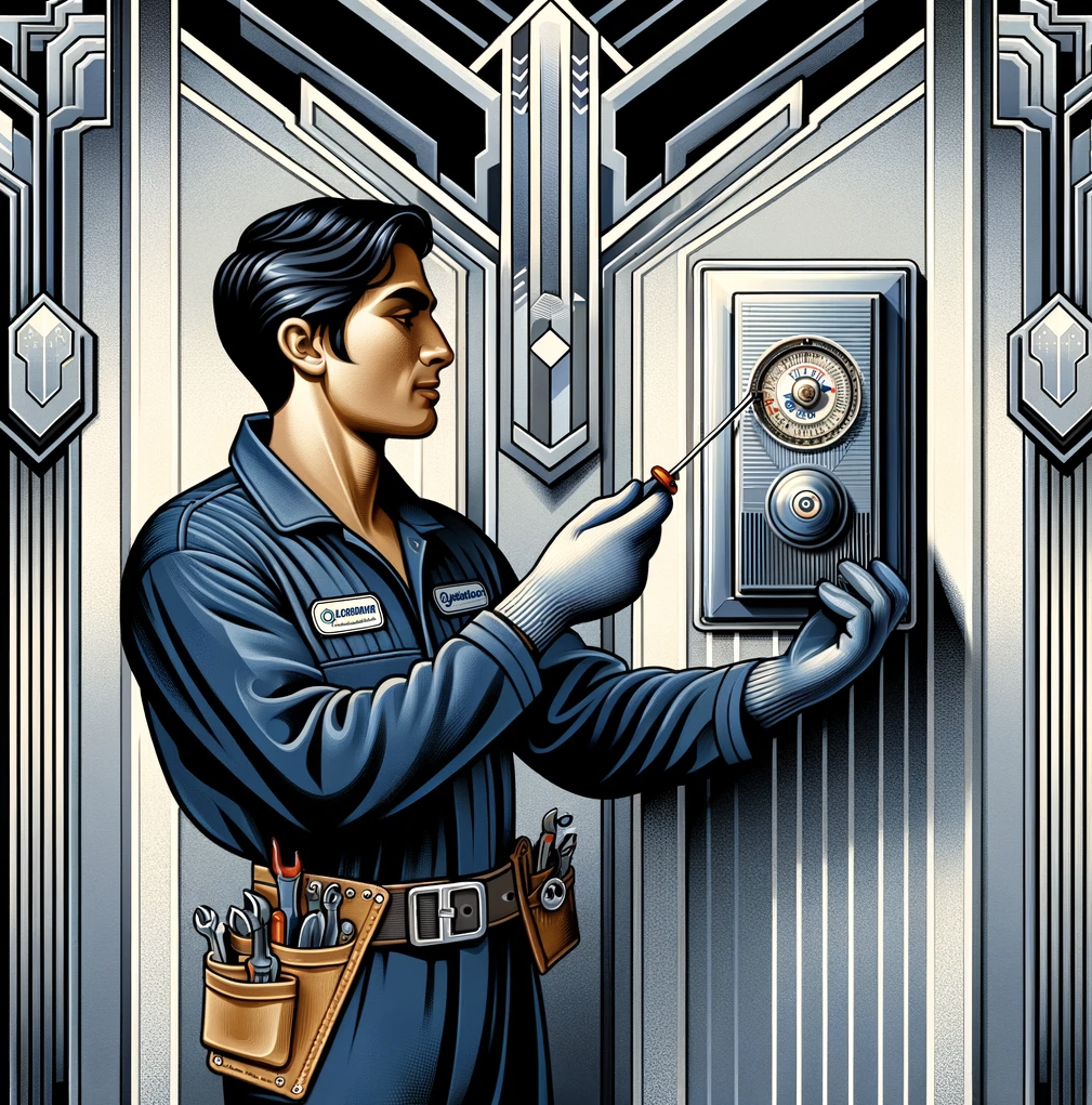 HVAC technician installing a thermostat. The technician is wearing a blue jumpsuit with a utility belt, holding a screwdriver in one hand and adjusting a vintage-looking thermostat on a sleek, streamlined wall. There are geometric patterns and metallic accents typical of the art deco era in the background, with bold lines and a monochromatic color scheme of silver, blue, and black. The scene is stylish yet functional, reflecting the elegance and modernism of the 1920s and 1930s.