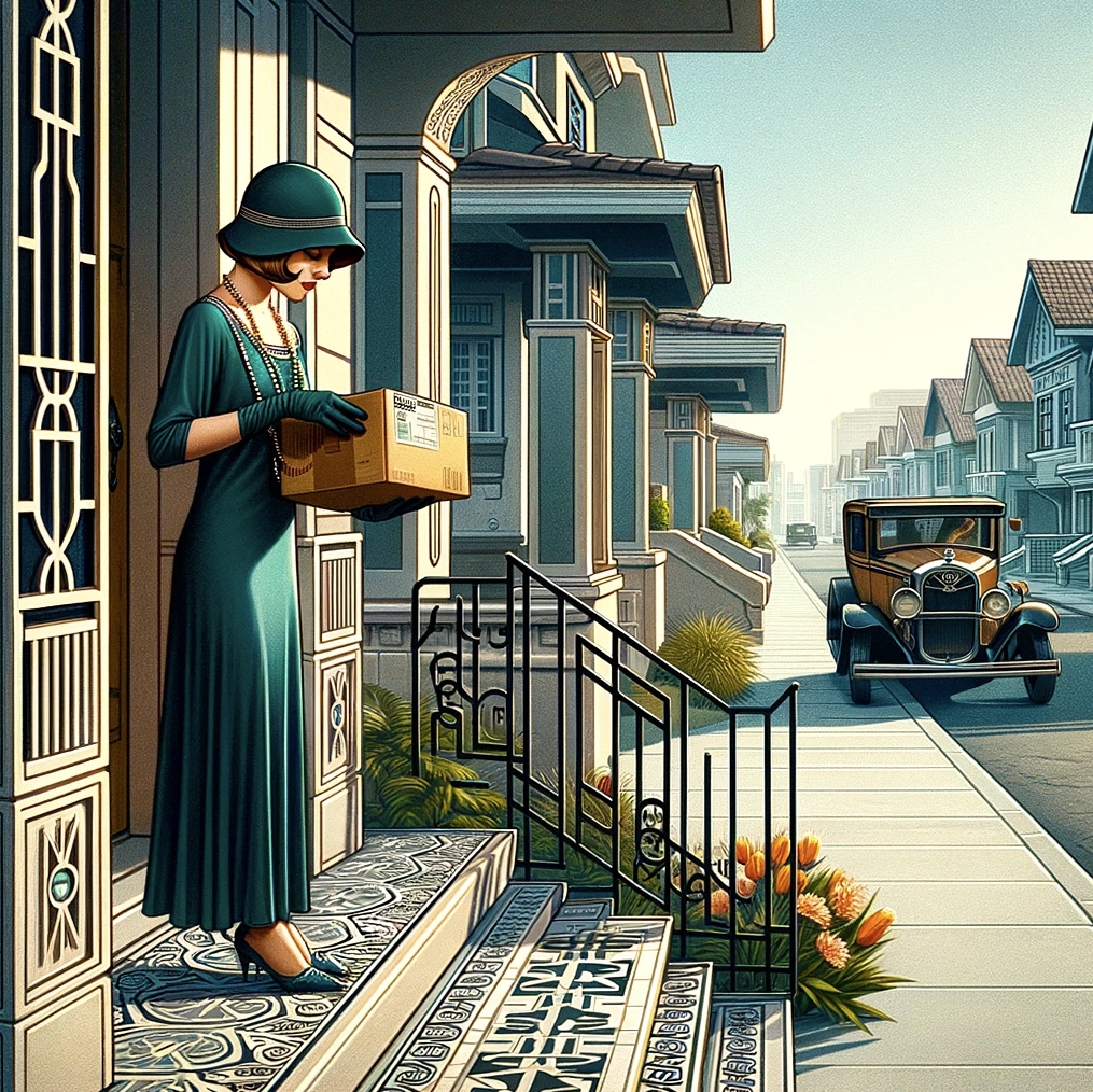 The setting is an elegant urban neighborhood with houses displaying the iconic Art Deco architecture, including clean lines and geometric shapes. The female porch pirate, dressed in a period-appropriate teal flapper dress with a cloche hat, is subtly taking a parcel from a doorstep. The porch is adorned with ornate iron railings and a decorative tiled floor in the characteristic Art Deco patterns. In the backdrop, the street is lined with other stylized houses and period cars, setting a scene that is both historical and vivid.