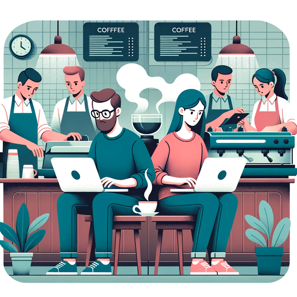 An illustration of two team members working on distinct projects, set in a coffee shop background.